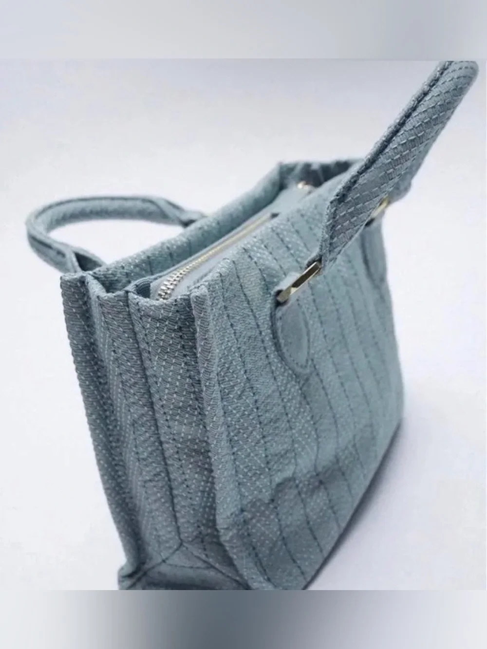 ZARA Light Blue Small Satchel Top Handle Zip Bag Gold Hardware Detachable Strap